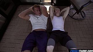 Old and athletic uncle helps his skinny nephew to work out and build muscles