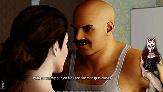 Eve gives a rough handjob to her old neighbor in fishnets and corset.