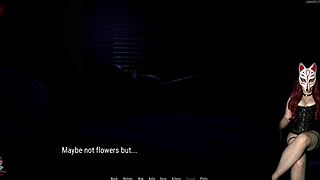 Eve gives a rough handjob to her old neighbor in fishnets and corset.