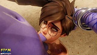 Tracer engages in an intriguing animated scene from Overwatch