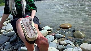 Goddess in tan nylons teases with her cute soles