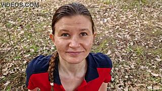 Shy Russian Girl Delivers Slobbery Blowjob in Woods