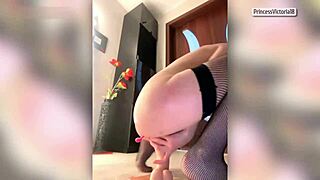 Red-Haired Bitch in Fishnet Stockings Squirts with Vibrator in Ass