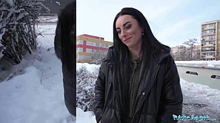 Blue-eyed brunette gets blown in public on a cold day