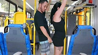 Big cock cums on ass in bareback bus scene with brunette teen