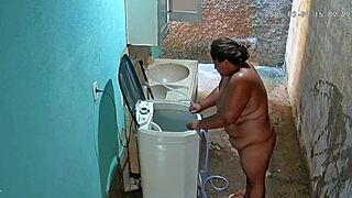 hidden camera catches stepmom bathing in backyard