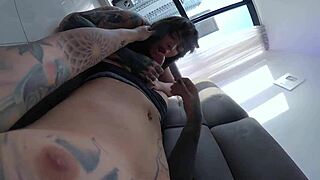 Tattooed babe gets ass play and smells dirty cock.