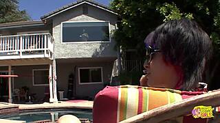 Experienced lesbian gropes punk girl's big nipples while sunbathing. She craves more bikini action.