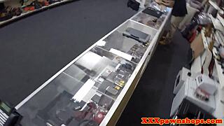 Amateur teen flaunts her tits in a pawnshop before having sex