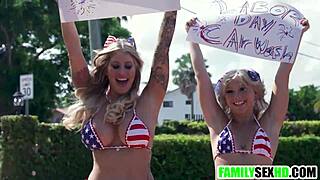 Step Mom and Daughter Relieve Stressed Step Dad in Wild 3some