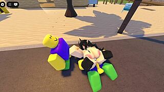 Babe Emma was fucked by three guys on Roblox street