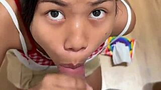 An 18-year-old Asian girl sucked and swallowed in the fitting room