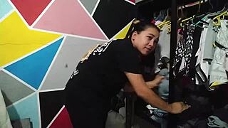 hey, while organizing clothes, my horny neighbor arrives and gropes my ass