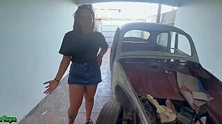 The redhead fucks the cuckold in the car