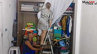 Blonde Stepmother And Young Stepson Climbing Stairs