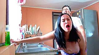 Rough Fucking My Brazilian Stepmom Topless in Kitchen with Loud Moans
