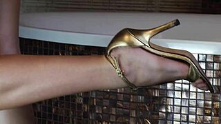 footjob turns into deep fuck by the sink for cute blonde