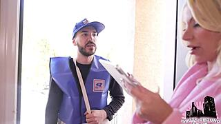 Mailman drops a huge package for blonde pornstar in wild session.
