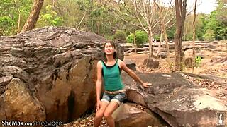 ladyboy with tiny tits strips nude and jerks off outdoors till cumshot