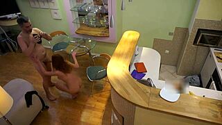 Young redhead Candy Red fucked doggystyle by old step dad in kitchen. Their amateur session heats up.