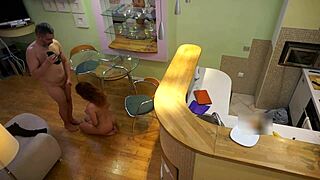 Young redhead Candy Red fucked doggystyle by old step dad in kitchen. Their amateur session heats up.