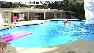 Ally Ann, pretty blonde cutie, relaxes poolside with large partner for deep encounter