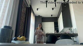 sexy fit brunette cleaning naked with no panties on