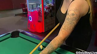 pool game turns into a slutty blowjob in the public toilet, cum everywhere