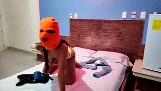 My Brunette Stepsister Celebrates Halloween In Hotel Bed With Mask And Sexy Shakes Before Getting Naked