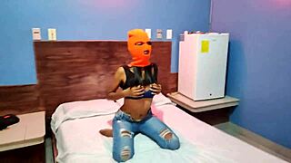 My Brunette Stepsister Celebrates Halloween In Hotel Bed With Mask And Sexy Shakes Before Getting Naked