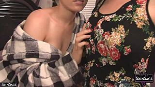 Brunette sinn sage uses a big strap on cock to fuck with lily labeau