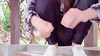 so, this ladyboy tingting gets naughty outdoors in female clothes and pees in public