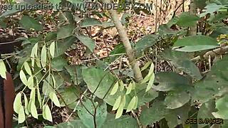 ebony amateur with fat ass and saggy tits gets clothes ripped in bush holiday sex