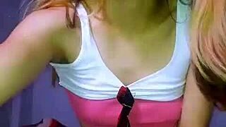 yo, bonneyuwu, this petite colegiala masturbates with a huge dildo!