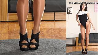 asian girl in pantyhose and leotard practices her dance routine