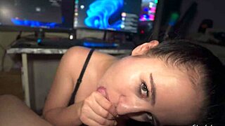 hungry teen 18+ suck me under table with handjob and swallow