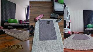 Latina milf shakes ass during naked striptease in gym, clothes ripped off