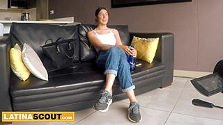 Does this hot latina model suck big white cock in casting after massage?