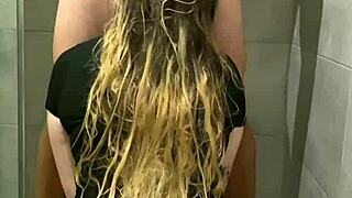 Step Brother Catches Horny Sister Riding in Shower for Facial Cumshot