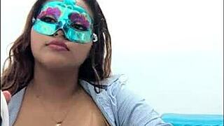 Brunette student gropes big tits sexily during questionnaire before exams.