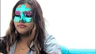 Brunette student gropes big tits sexily during questionnaire before exams.