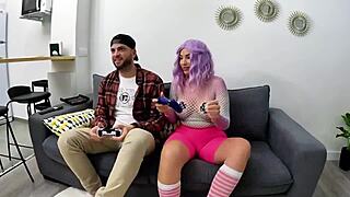 Pamela Mendoza sucks gamer boy's monster cock with handjob