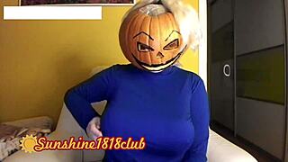 Happy Halloween pervs, big boobs in pumpkin costume on cam recorded October 31