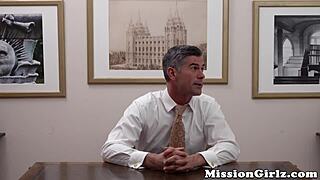 Poor guy watches innocent mormon teen get bent over and hammered in doggystyle