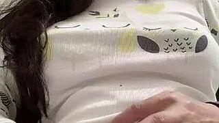 Shemale clamps hair on her big cock while masturbating 😈