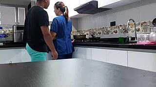 Hey, I talked the curvy Colombian employee into fucking in the kitchen! 😏