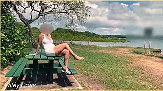 Wife's pantyless swing flashes voyeurs teasingly