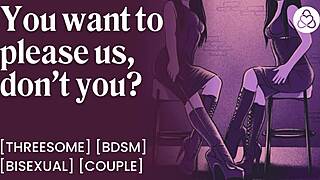 Femdom disciplines submissive boyfriend in amateur threesome for orgasm and cum