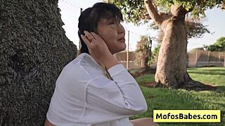 Asian Teen Reveals Natural Big Boobs Outdoors with Friend