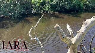 Latina beauty with natural curves bangs BBC outdoors in sheer outfit